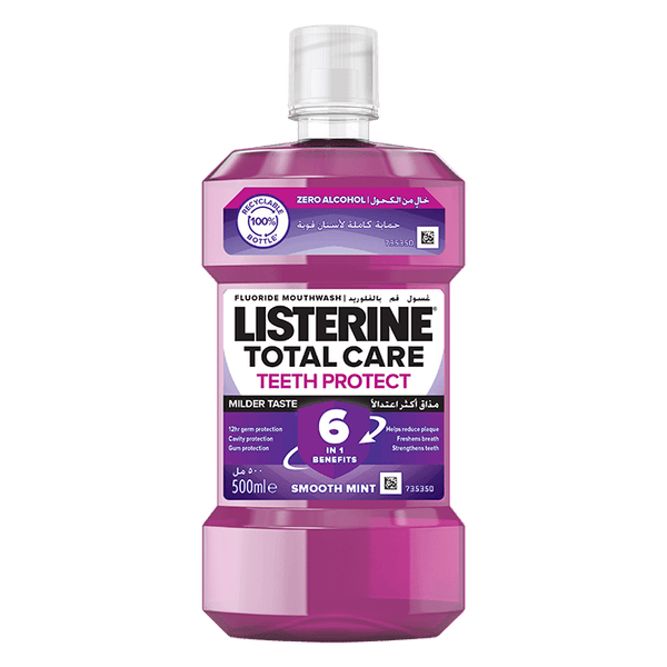 Listerine Total Care Teeth Protect 6 Benefit Fluoride Daily Mouthwash Milder Taste Smooth Mint, 500ml