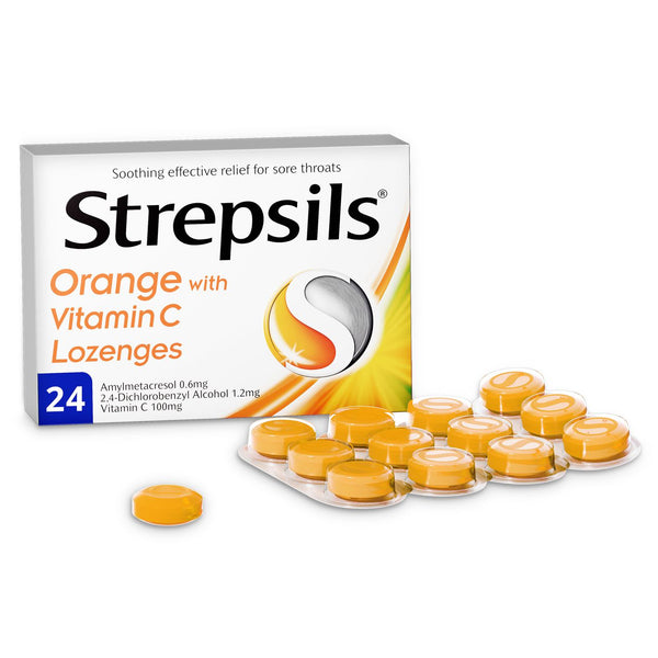 Strepsils Orange with Vitamin C Sore Throat Relief Lozenges, 24 Lozenges