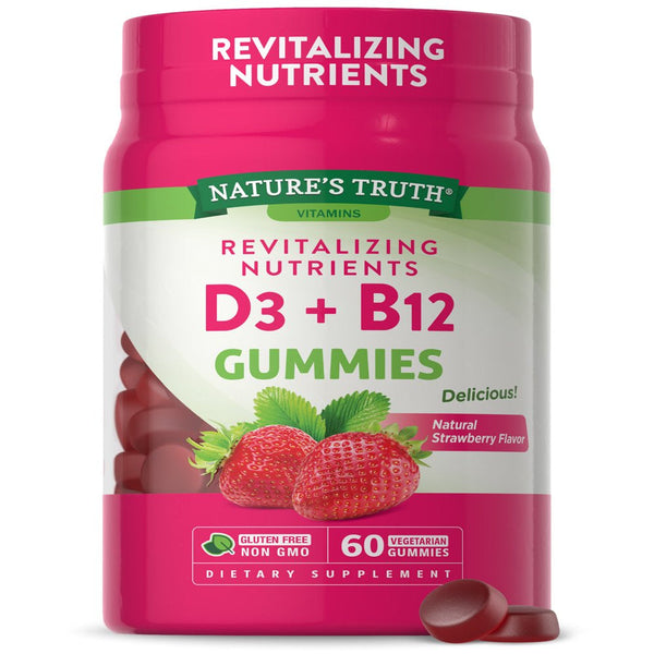 Vitamin D3 + B12 Gummies, Revitalizng Nutrients. 60 Vegetarian Gummies, Natural Strawberry Flavor. USA. NT 11747