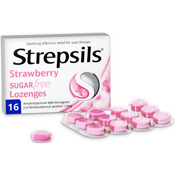strepsils strawberry sugar free 16 lozenges