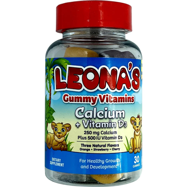Leonas 250mg Calcium Plus 500 IU Vitamin D3 Gummy Supplements Orange, Strawberry & Cherry Flavor, 30 Pieces